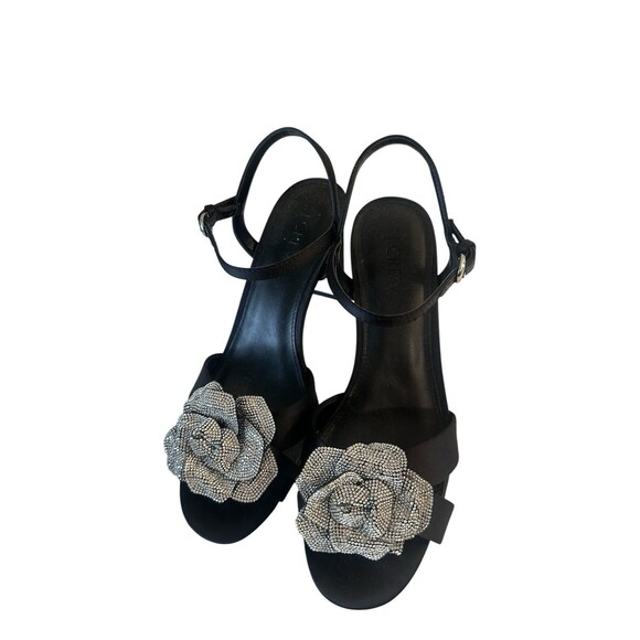 J. Crew Black Formal Strappy Heel Sandals Rhinestone Flower Size 8 Wedding Guest - Picture 4 of 6